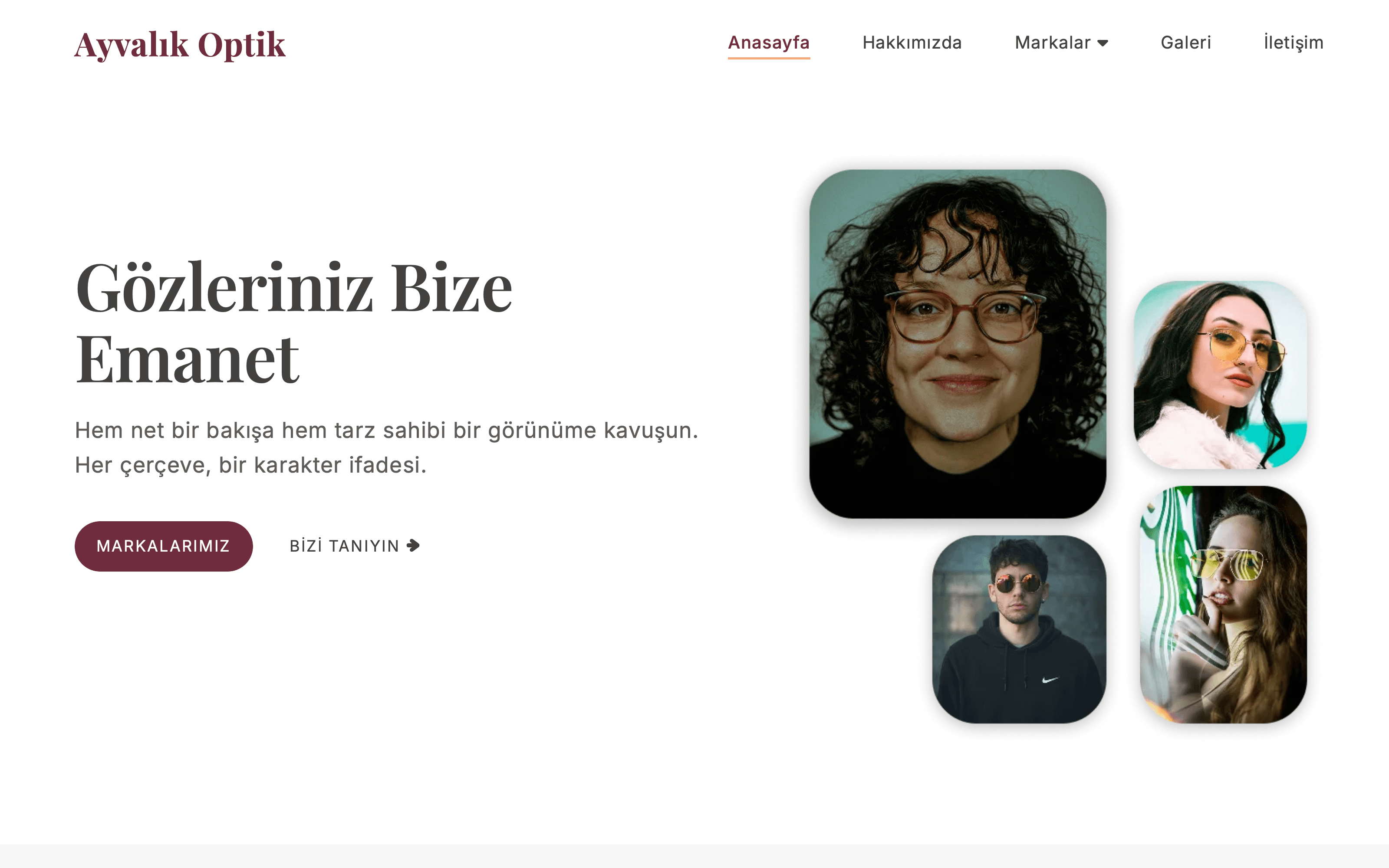 Ayvalık Optik homepage featuring eyewear portraits and the main introduction